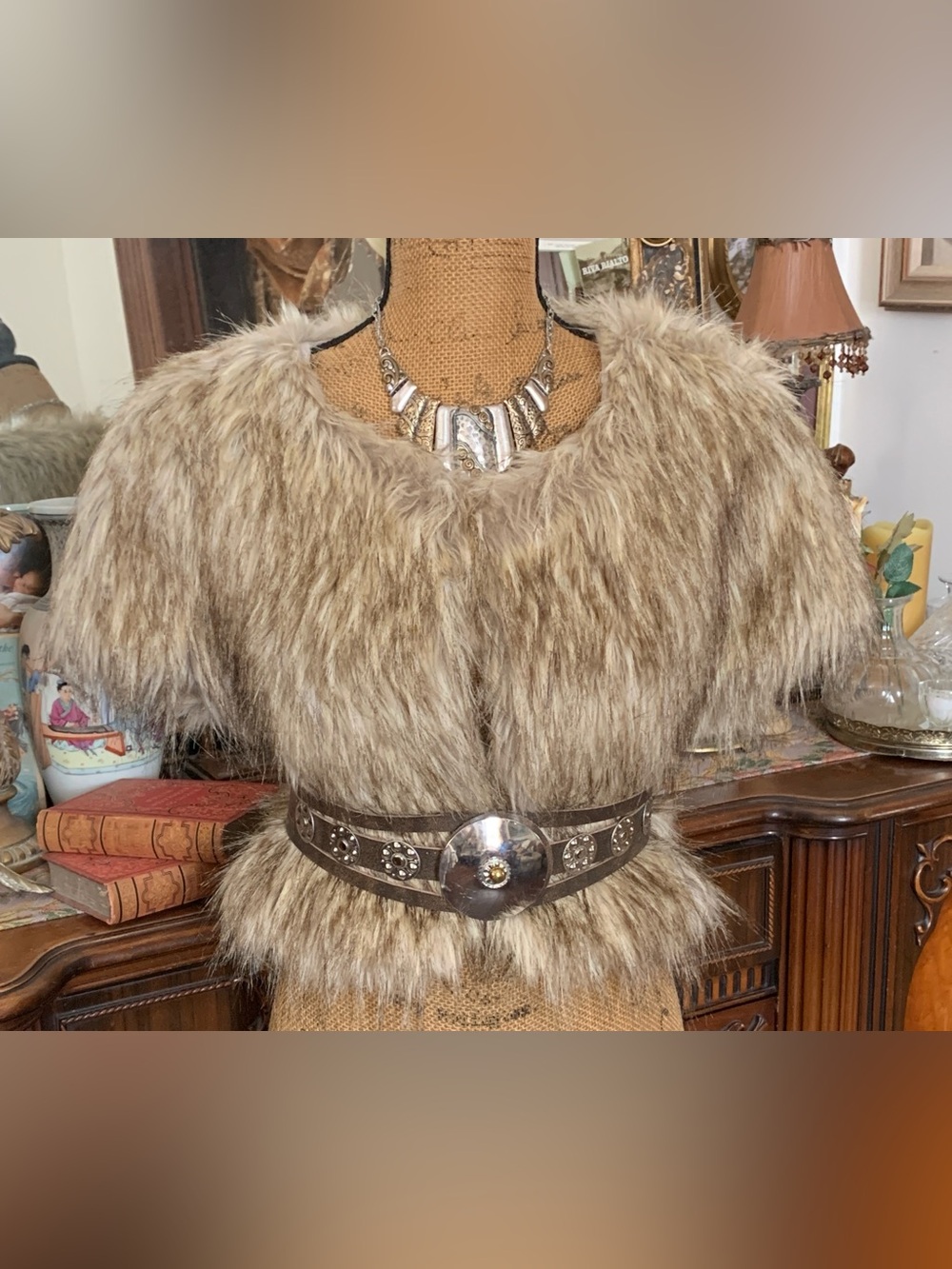 Vintage Jennifer Lopez Modern-Viking-Inspired Boho Hippie Gypsie Faux Fur Vest
